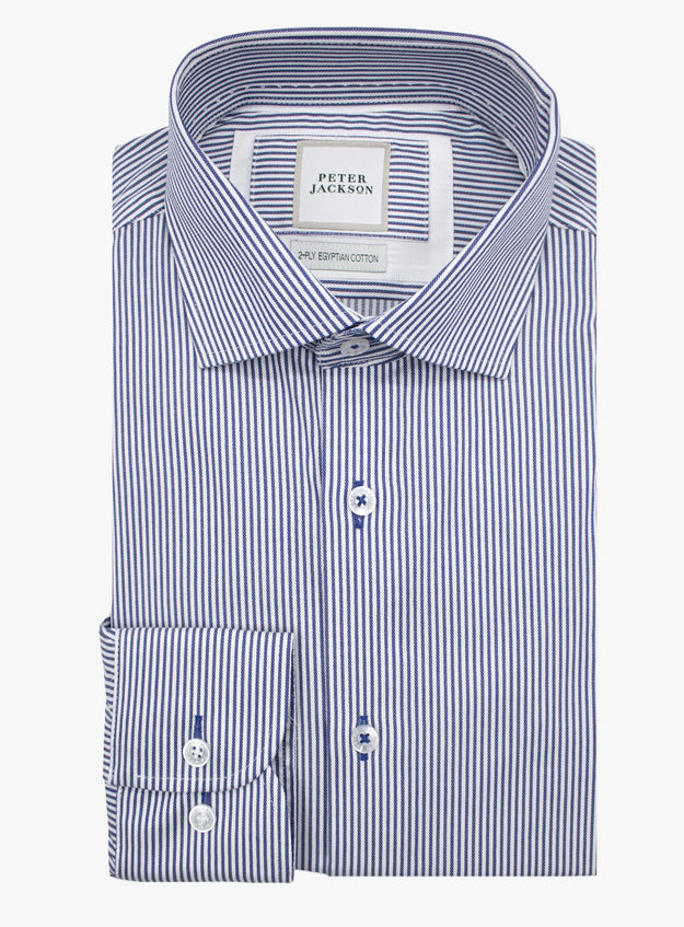 Blue and white striped dress shirt with 'Peter Jackson' label on a white background