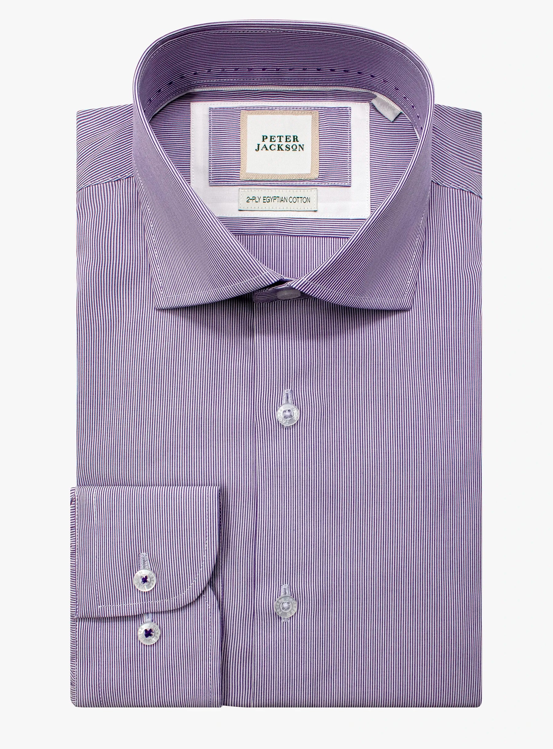 Purple striped dress shirt with a Peter Jackson label on a white background