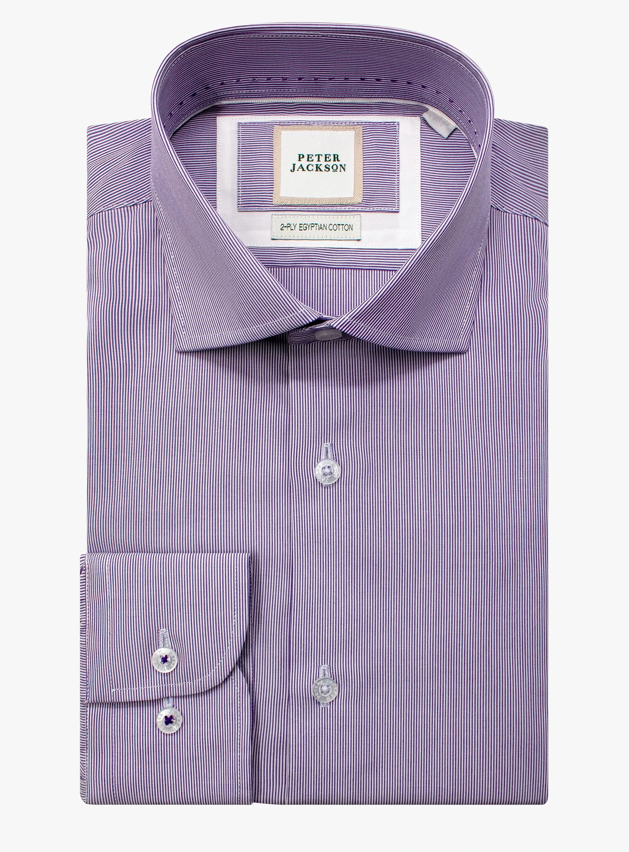 Purple striped dress shirt with a Peter Jackson label on a white background