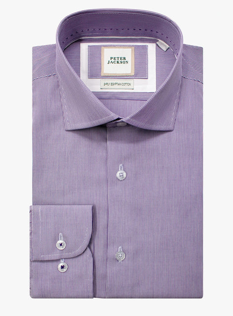 Purple striped dress shirt with a Peter Jackson label on a white background