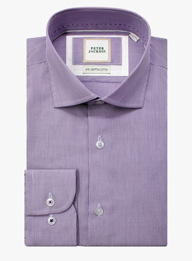 Purple striped dress shirt with a Peter Jackson label on a white background