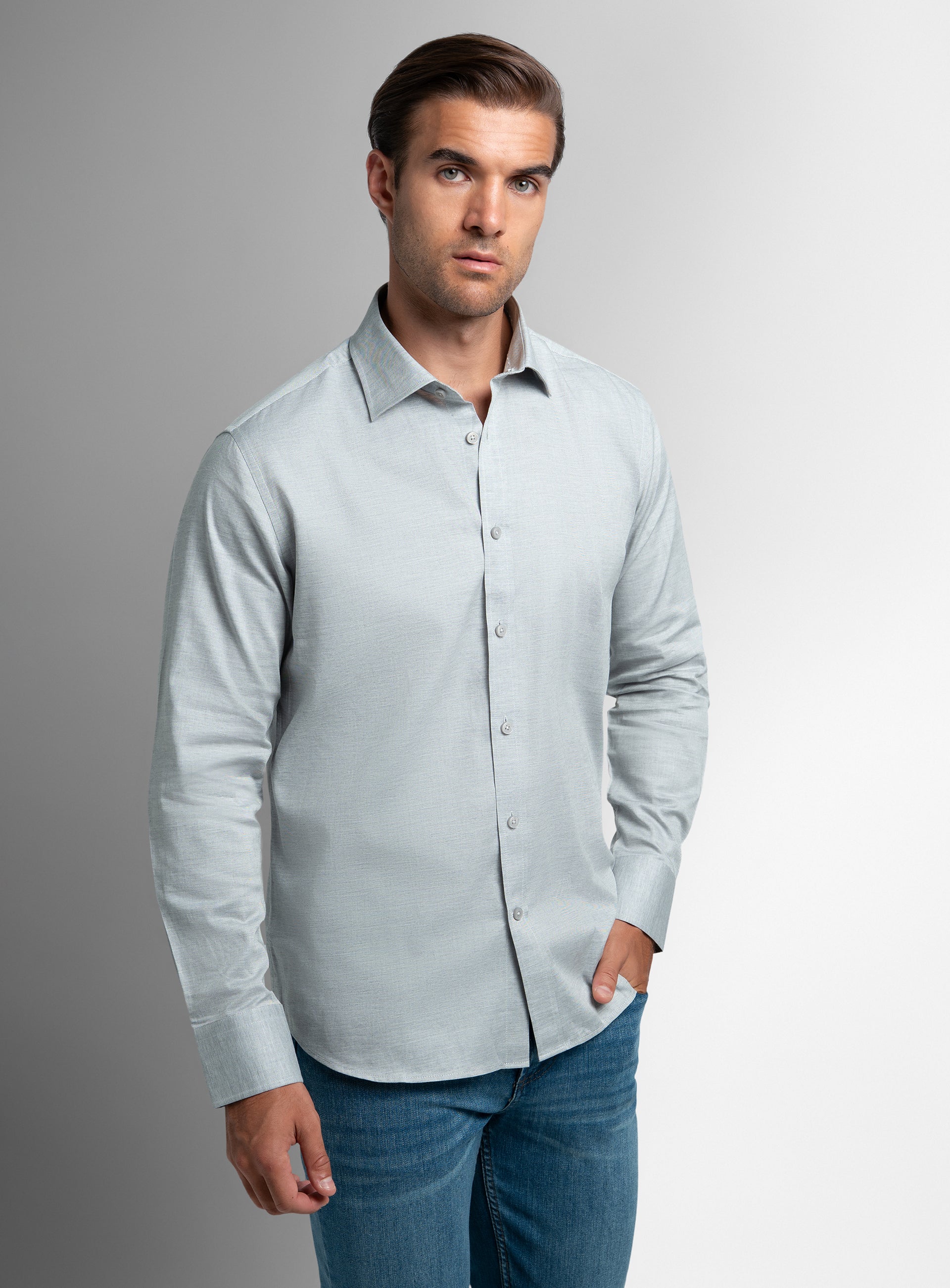 A man wearing the Piero Flannel Slim Fit Silver Shirt