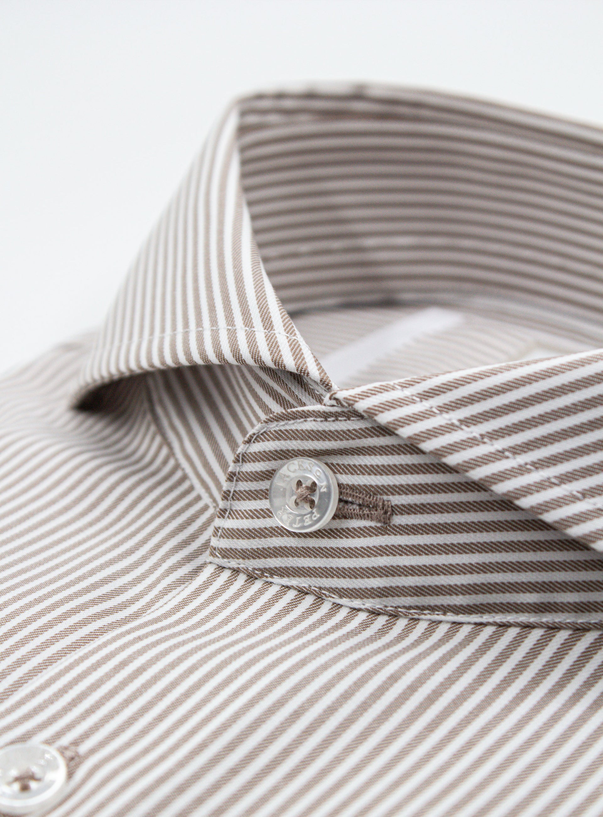 Close-up of the collar on the Florence Chocolate Brown Stripe Shirt