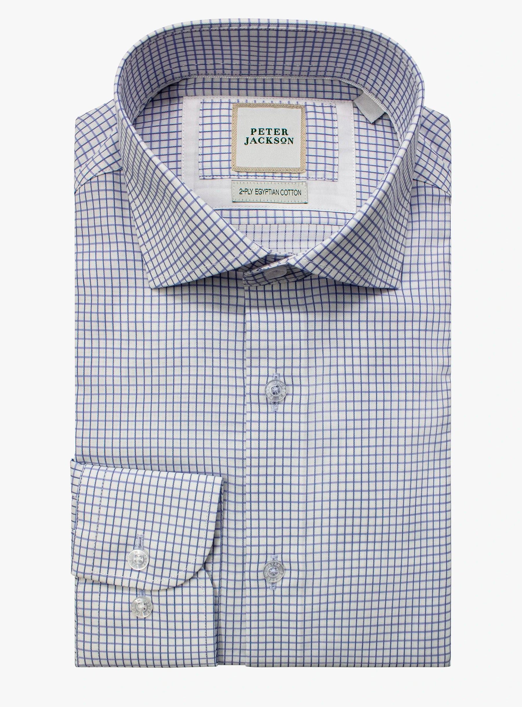 Blue checkered dress shirt with 'Peter Jackson' label on a white background