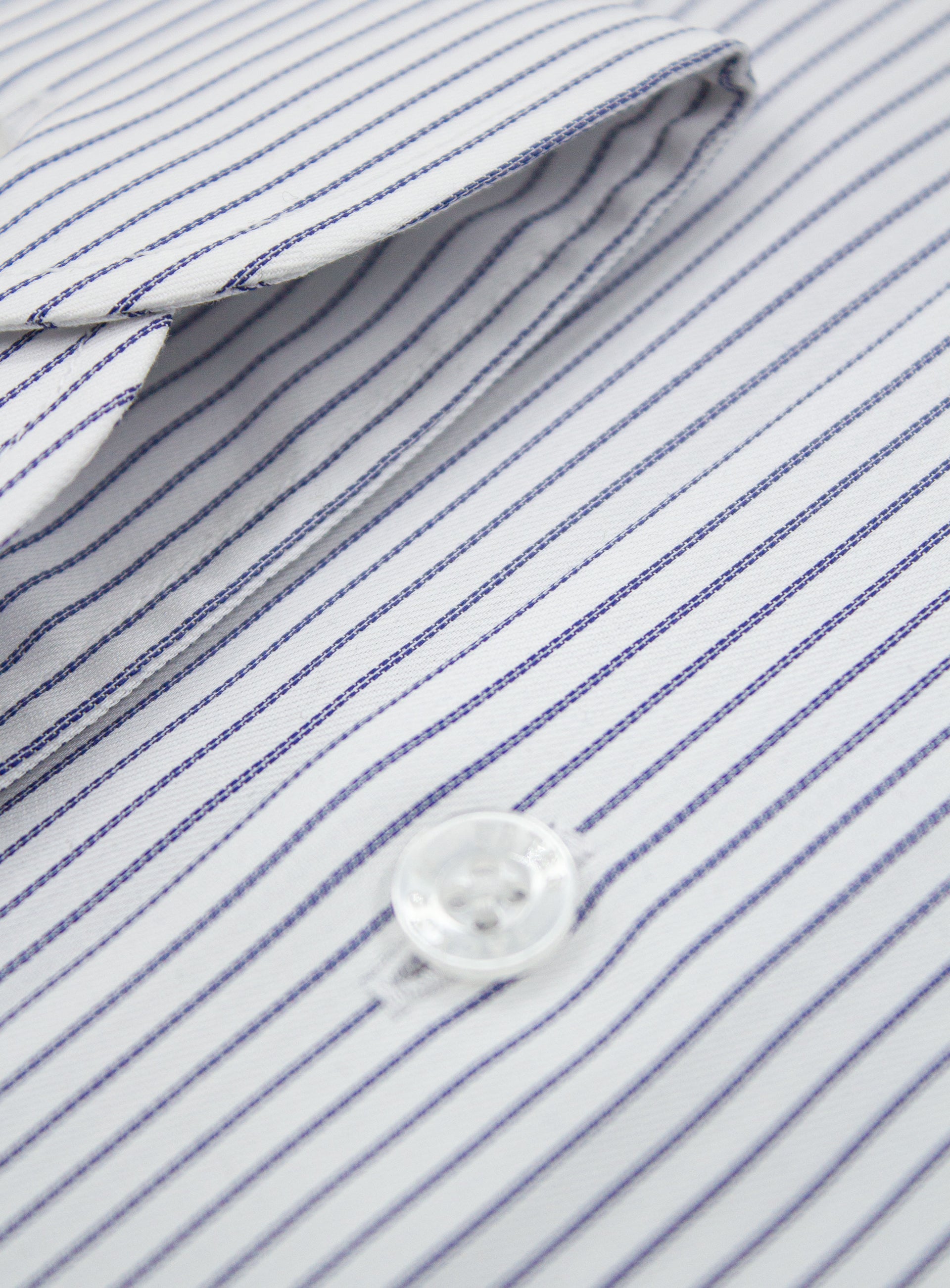 Close-up of the Florence Navy Fine Stripe White Shirt