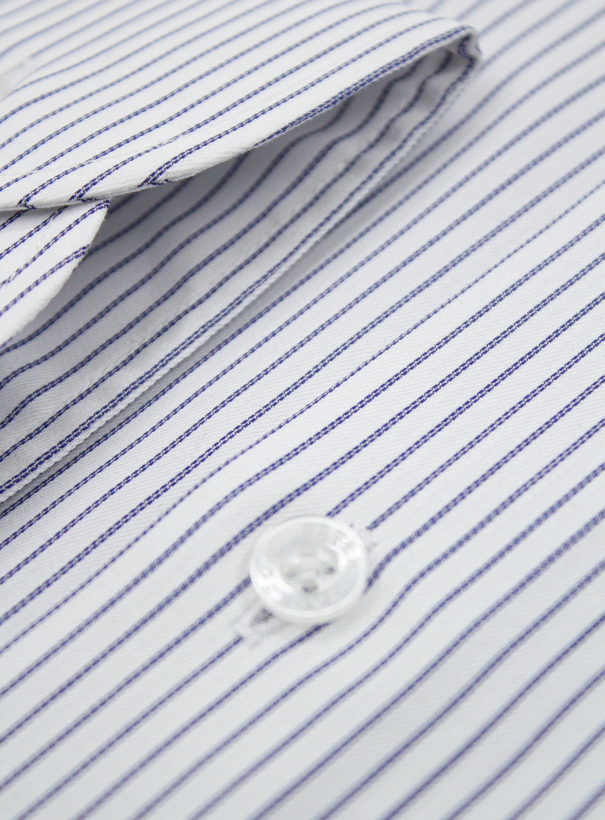 Close-up of the Florence Navy Fine Stripe White Shirt