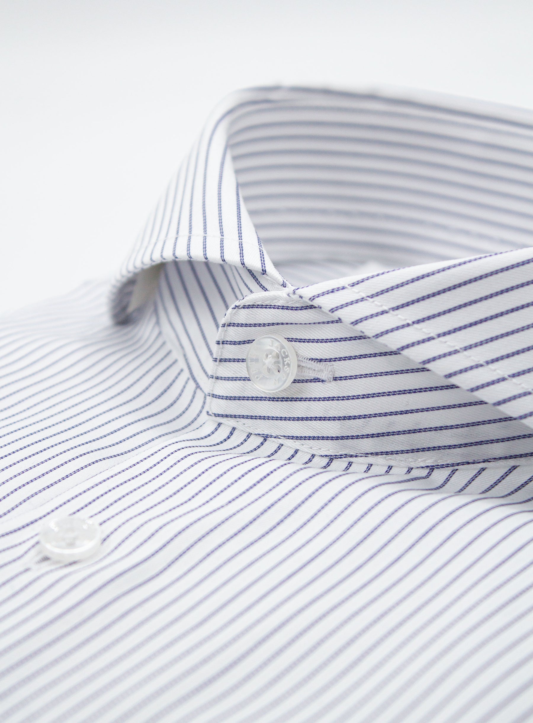 Close-up of the collar on the Florence Navy Fine Stripe White Shirt
