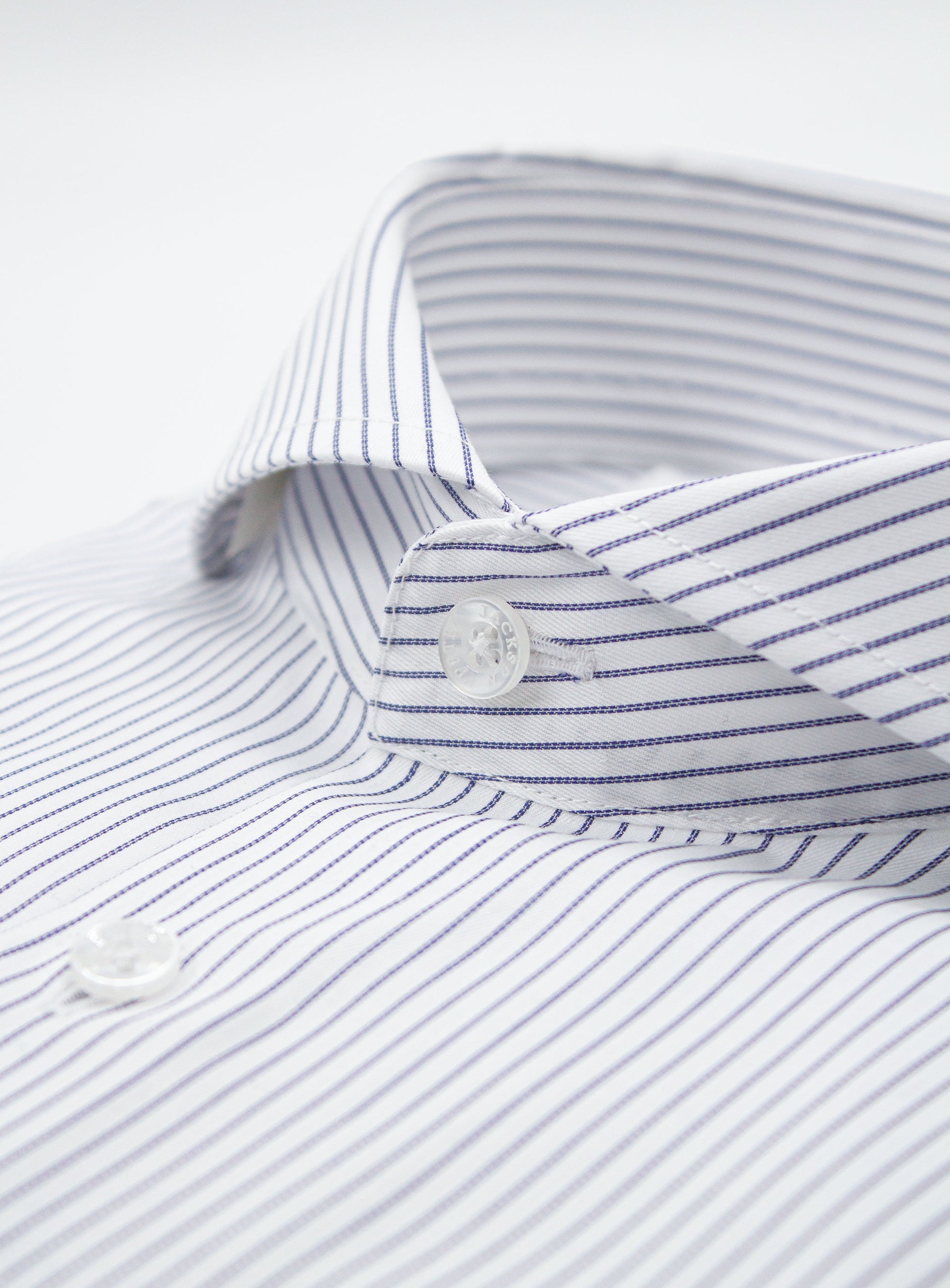 Close-up of the collar on the Florence Navy Fine Stripe White Shirt