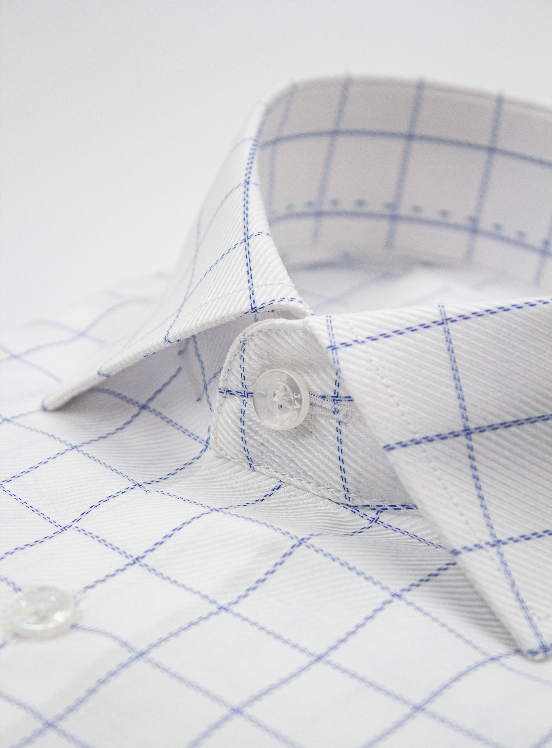 Close-up of collar on Milan Twill Navy Mid-Check White Shirt