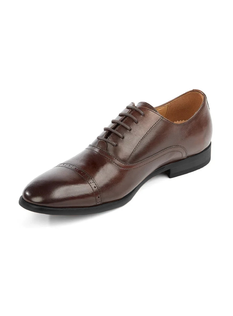 Brown leather dress shoe on a white background