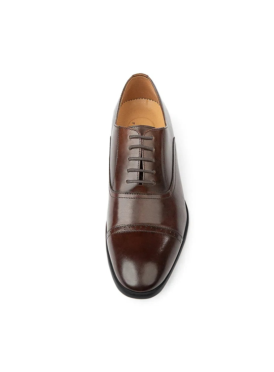 Brown leather dress shoe on a white background