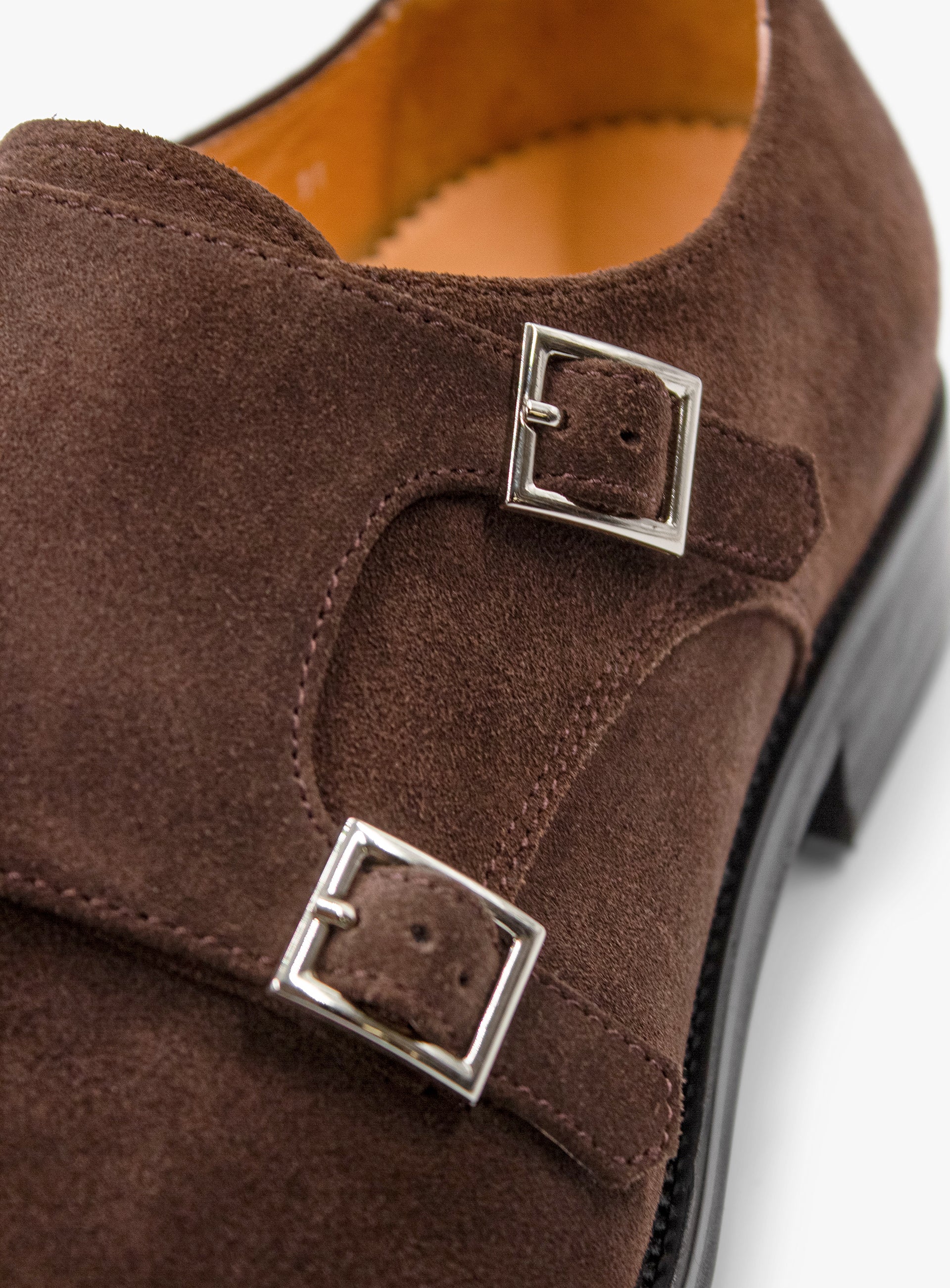 Close-up of the monk straps on the Albinoni Suede Double Monk Brown Loafer