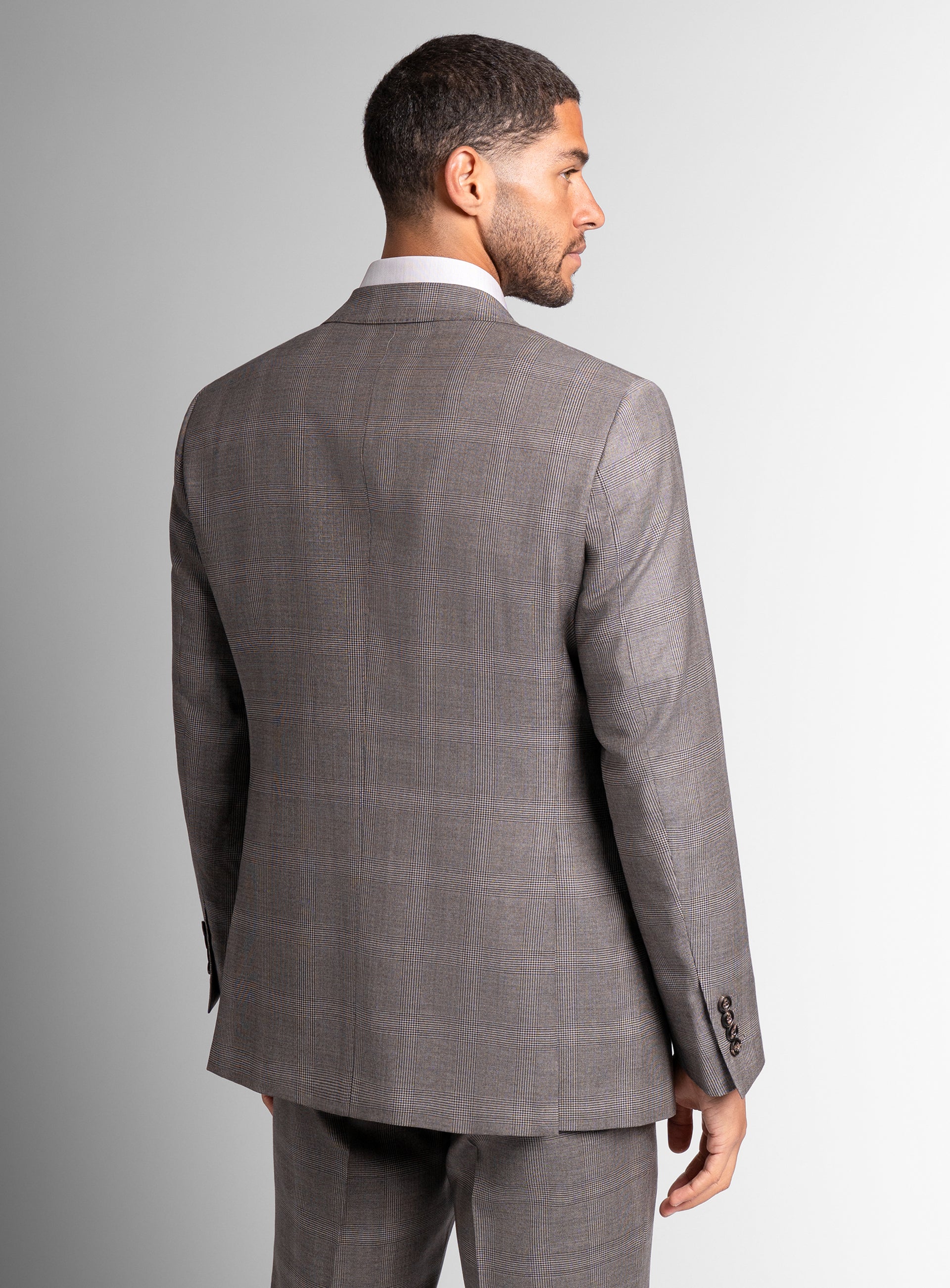 The back of the Belnades Plaid Taupe Brown Suit