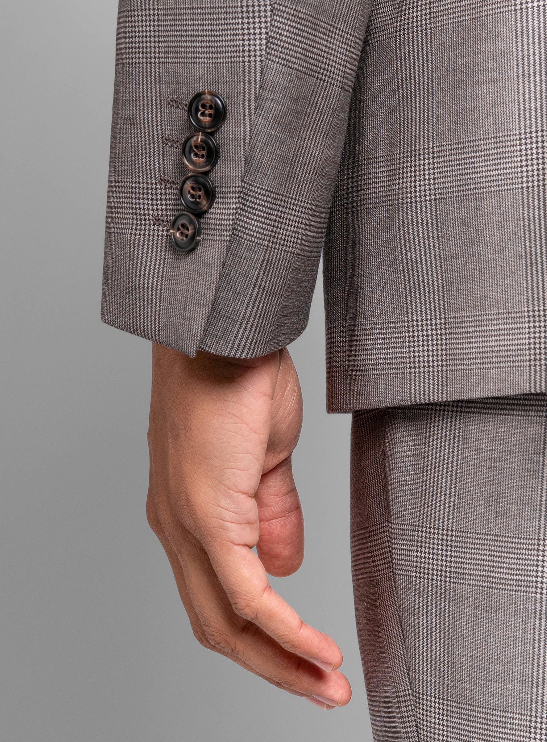 Sleeve on the Belnades Plaid Taupe Brown Suit