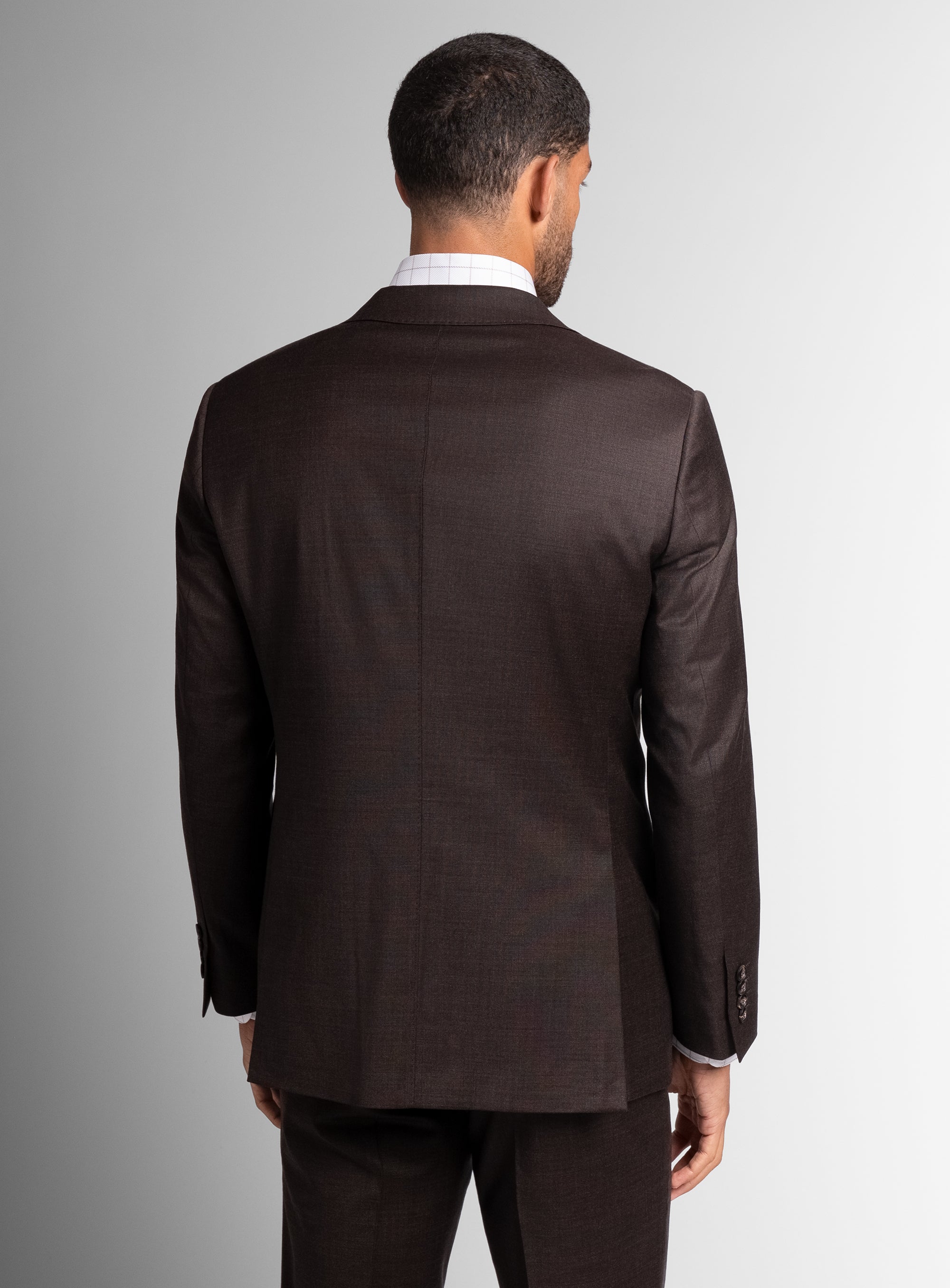 The back of the Vespucci Sharkskin Chocolate Brown Suit