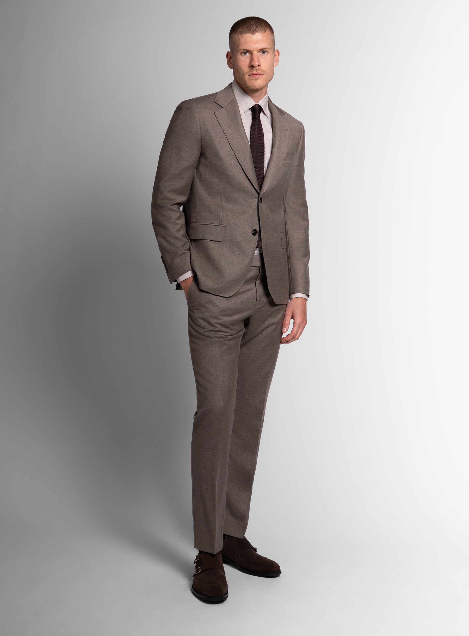 Man wearing the Tattaglia Twill Taupe Suit