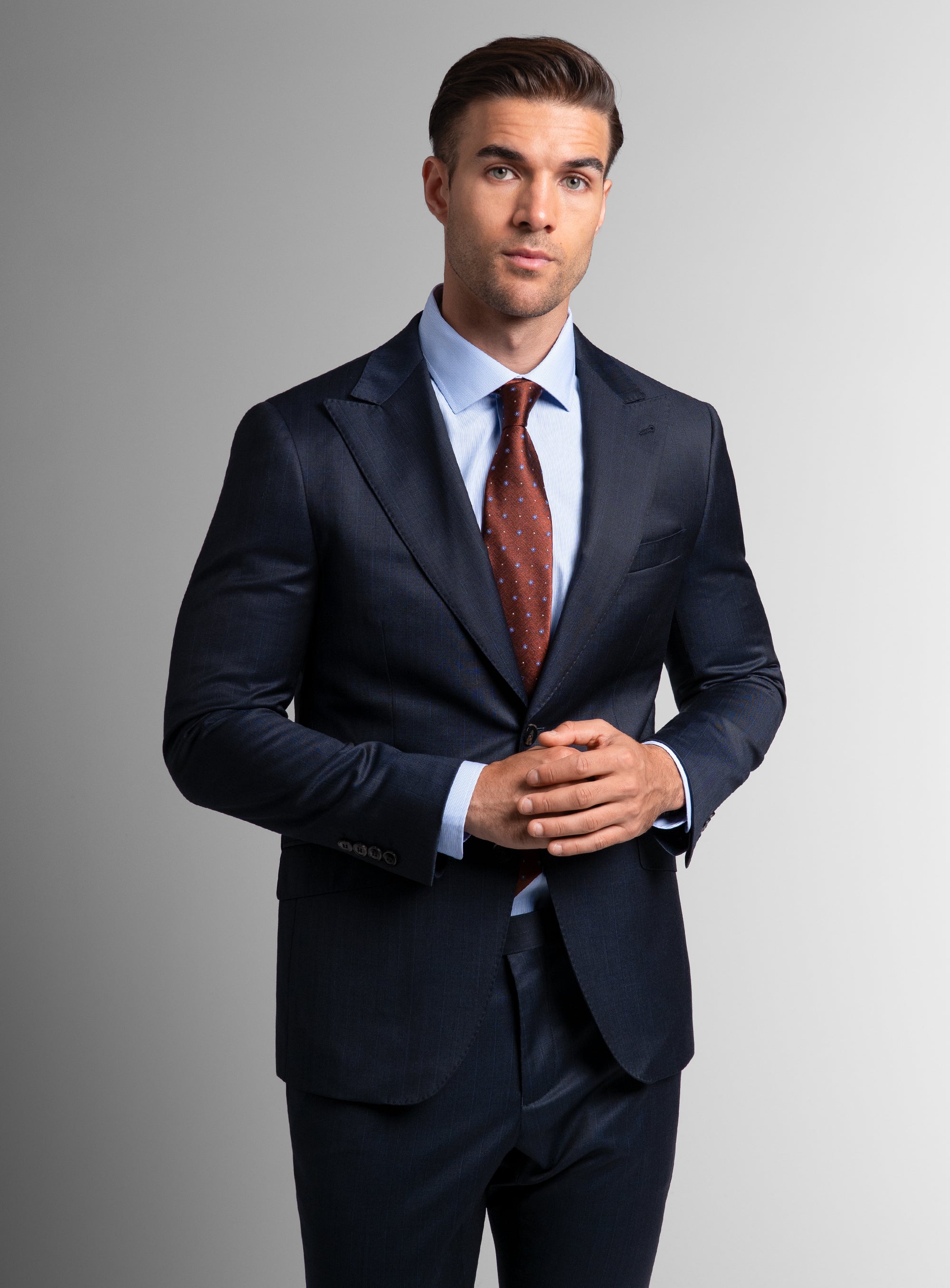 Man wearing the Laforeze Navy Pinstripe Suit