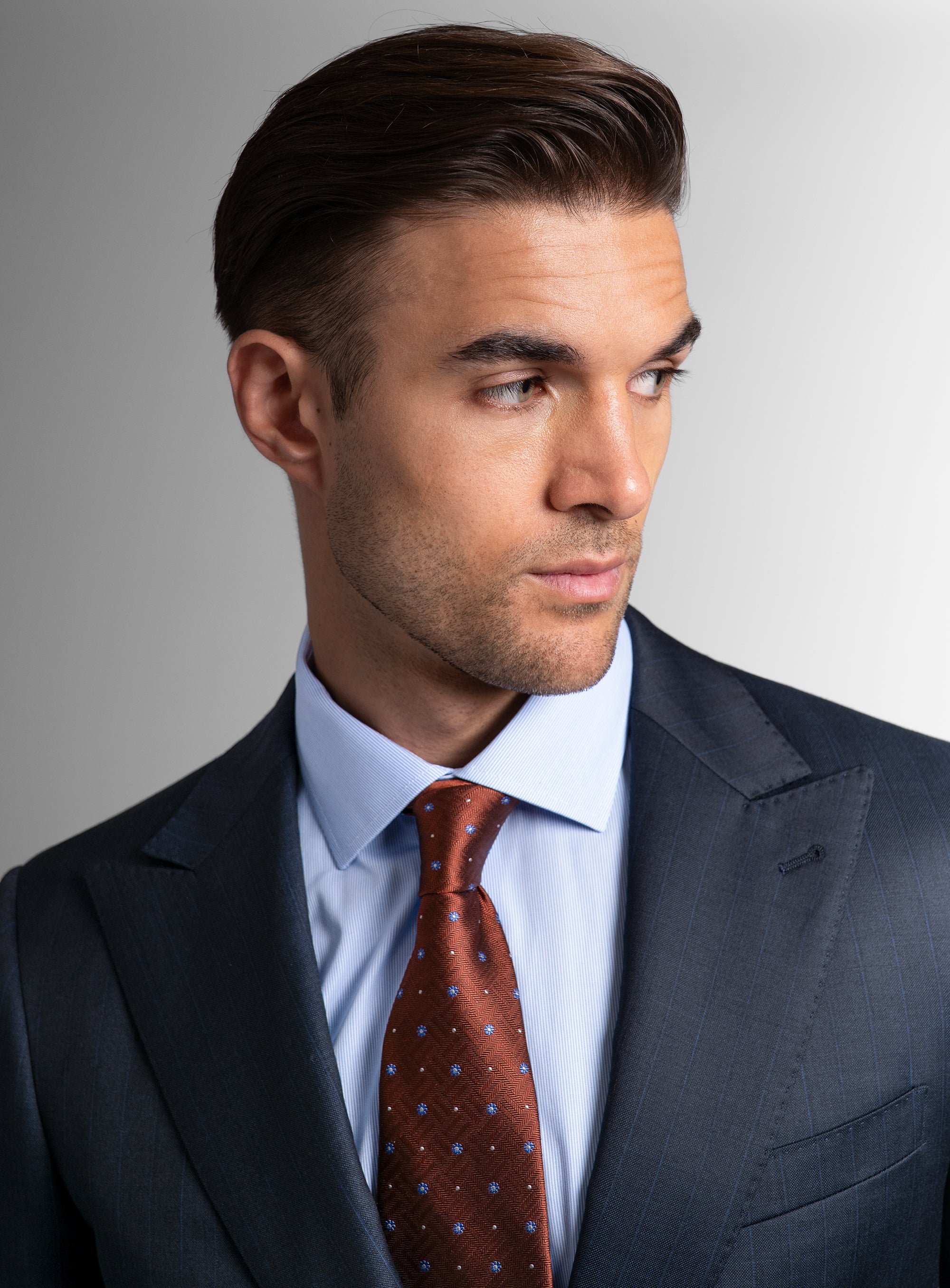 Close-up of man wearing the Laforeze Navy Pinstripe Suit