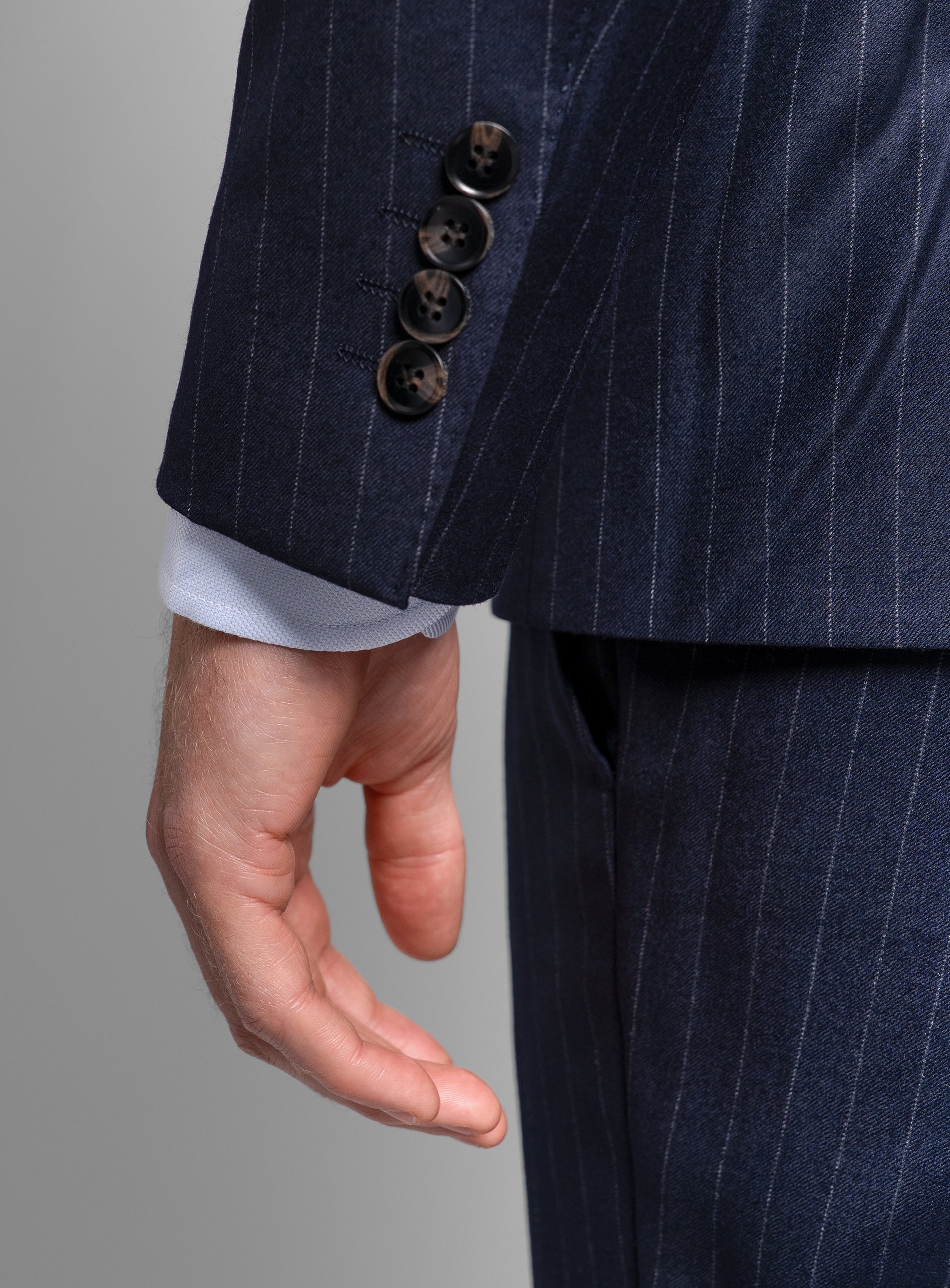 Close-up of the sleeves on the Ezio Navy Wide Pinstripe Suit