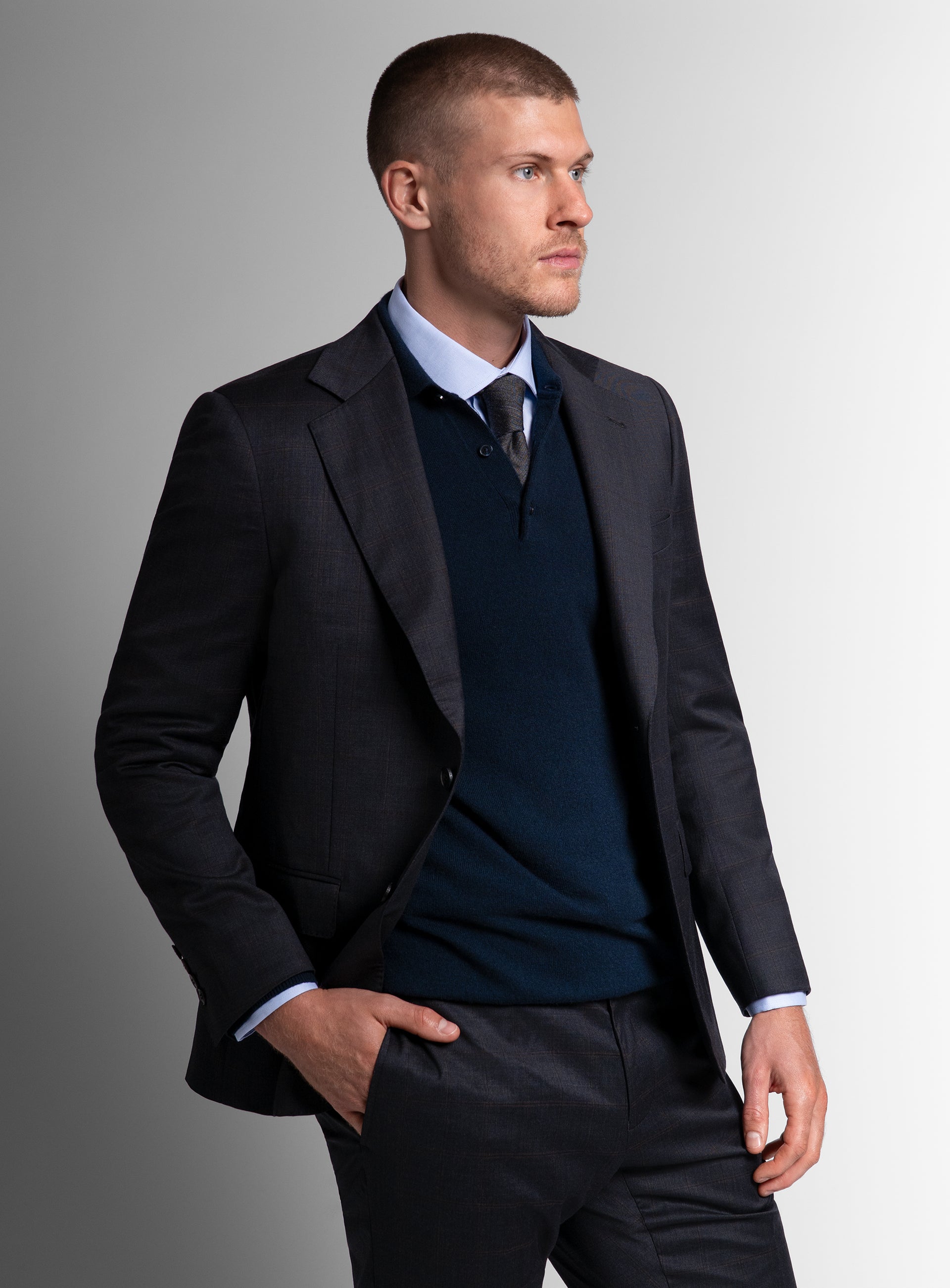 The side of the Volterra Navy Check Suit