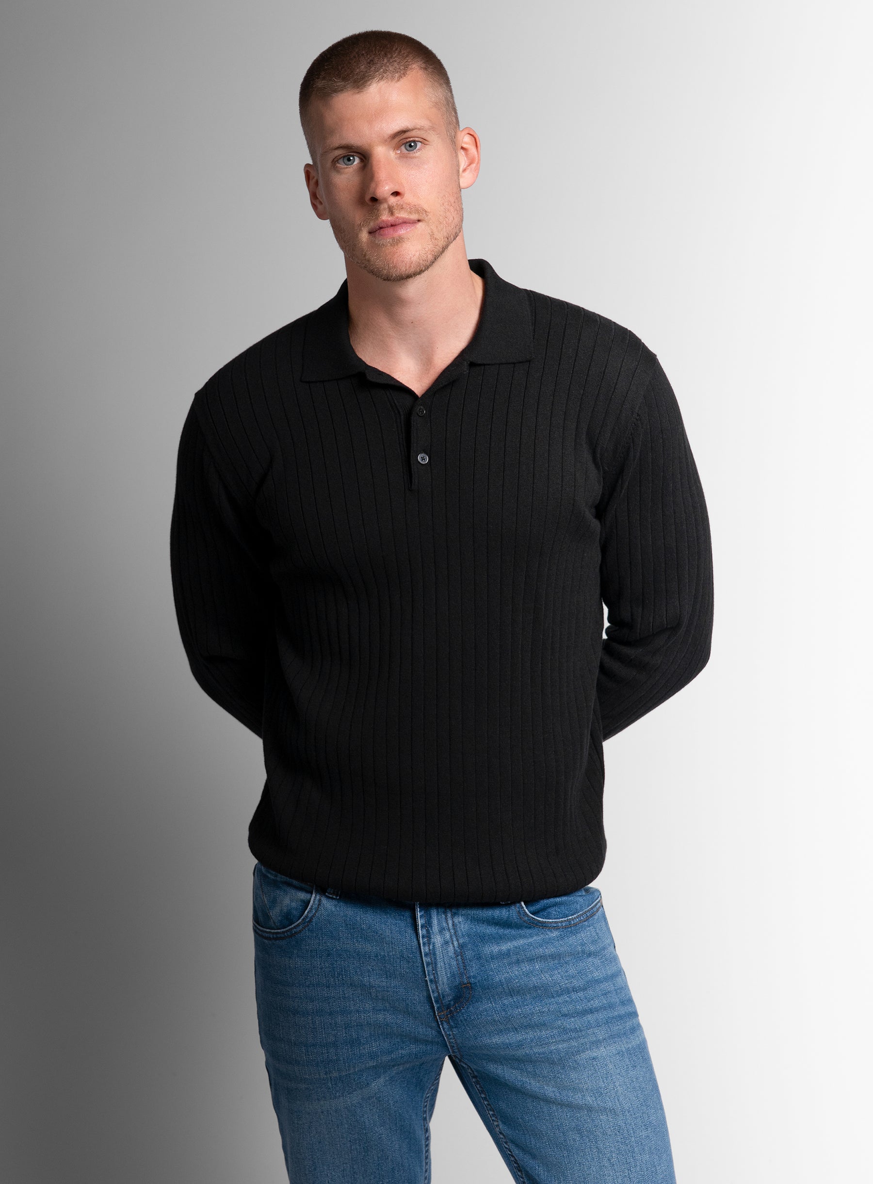 Cotton/Cashmere Fine Rib Black Polo Knit