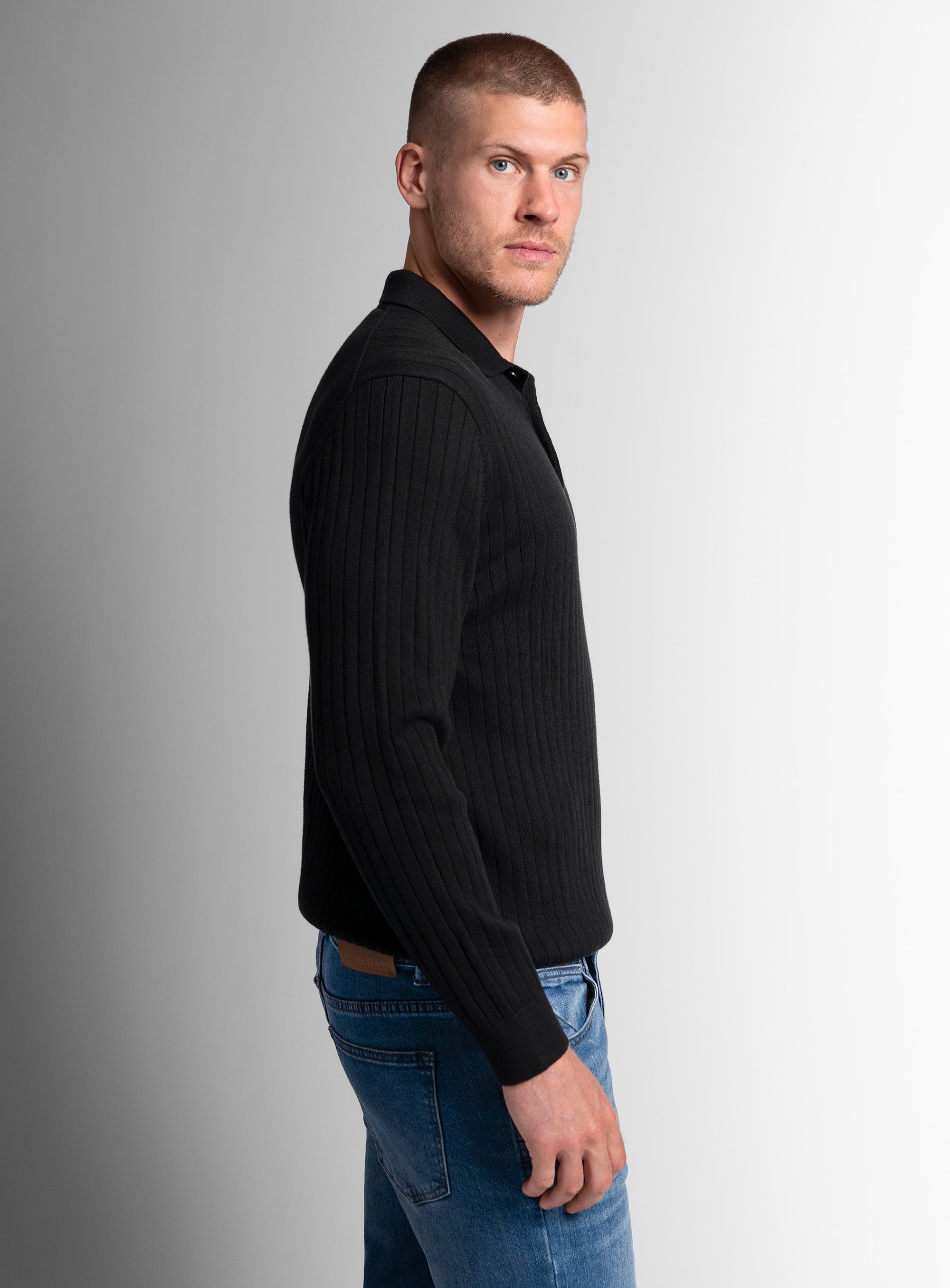 Cotton/Cashmere Fine Rib Black Polo Knit