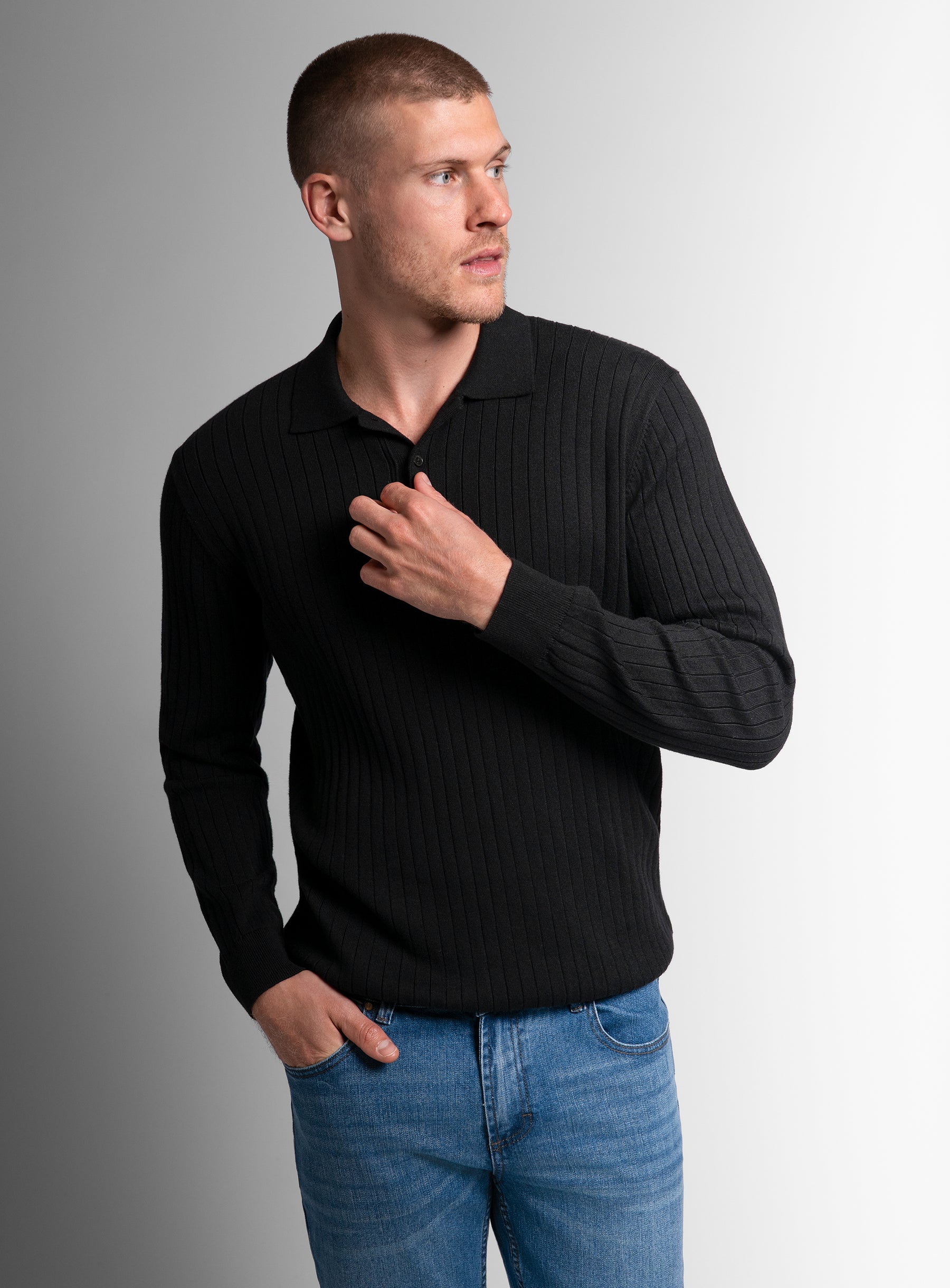 Cotton/Cashmere Fine Rib Black Polo Knit