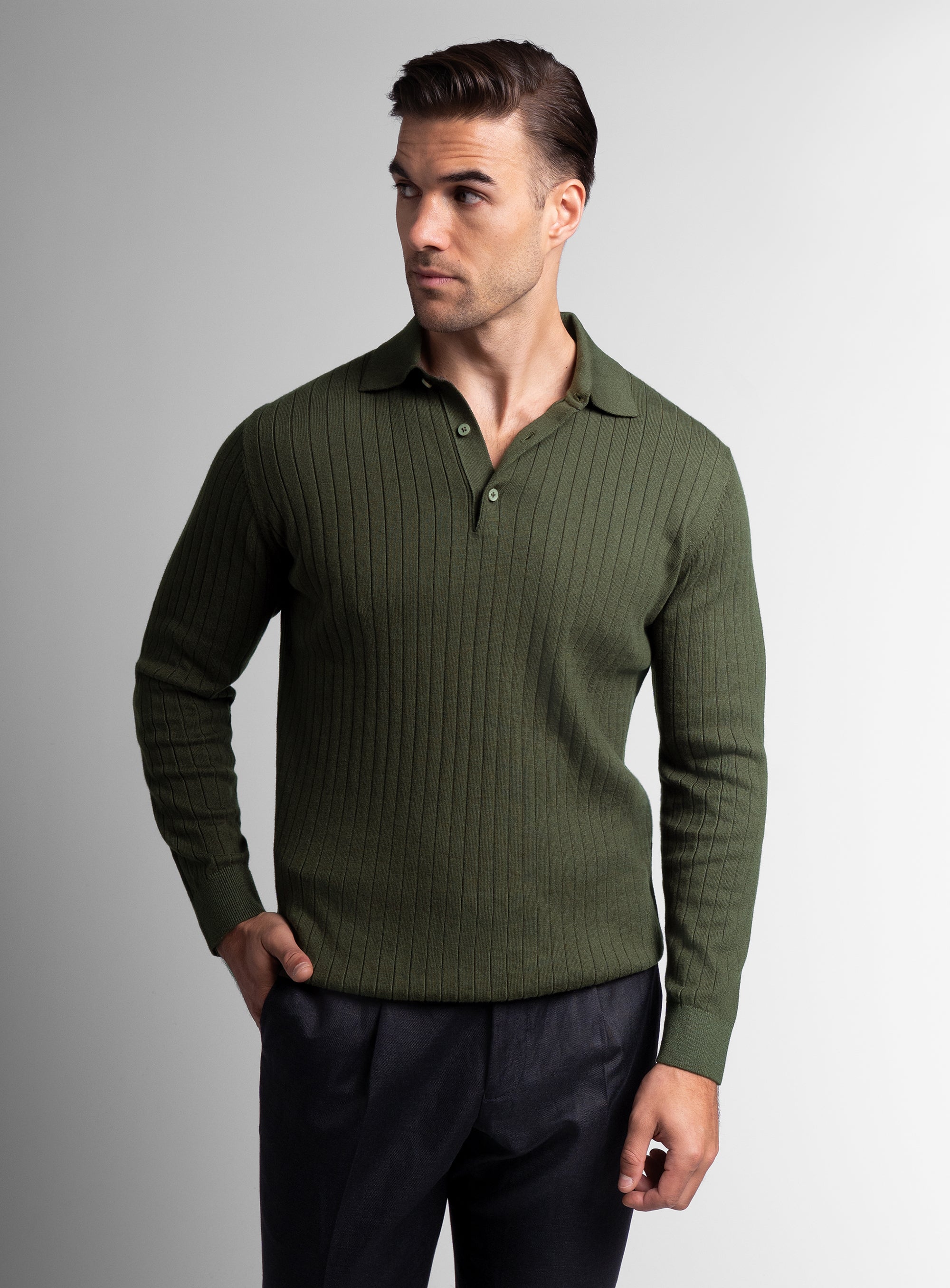 Cotton/Cashmere Fine Rib Olive Polo Knit