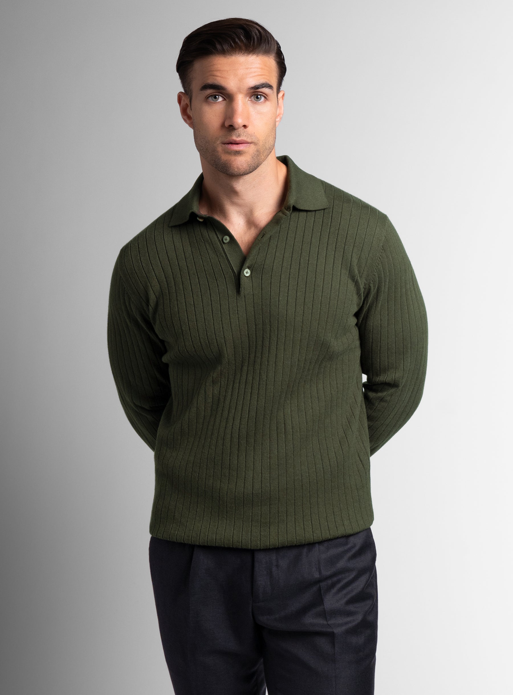 Cotton/Cashmere Fine Rib Olive Polo Knit