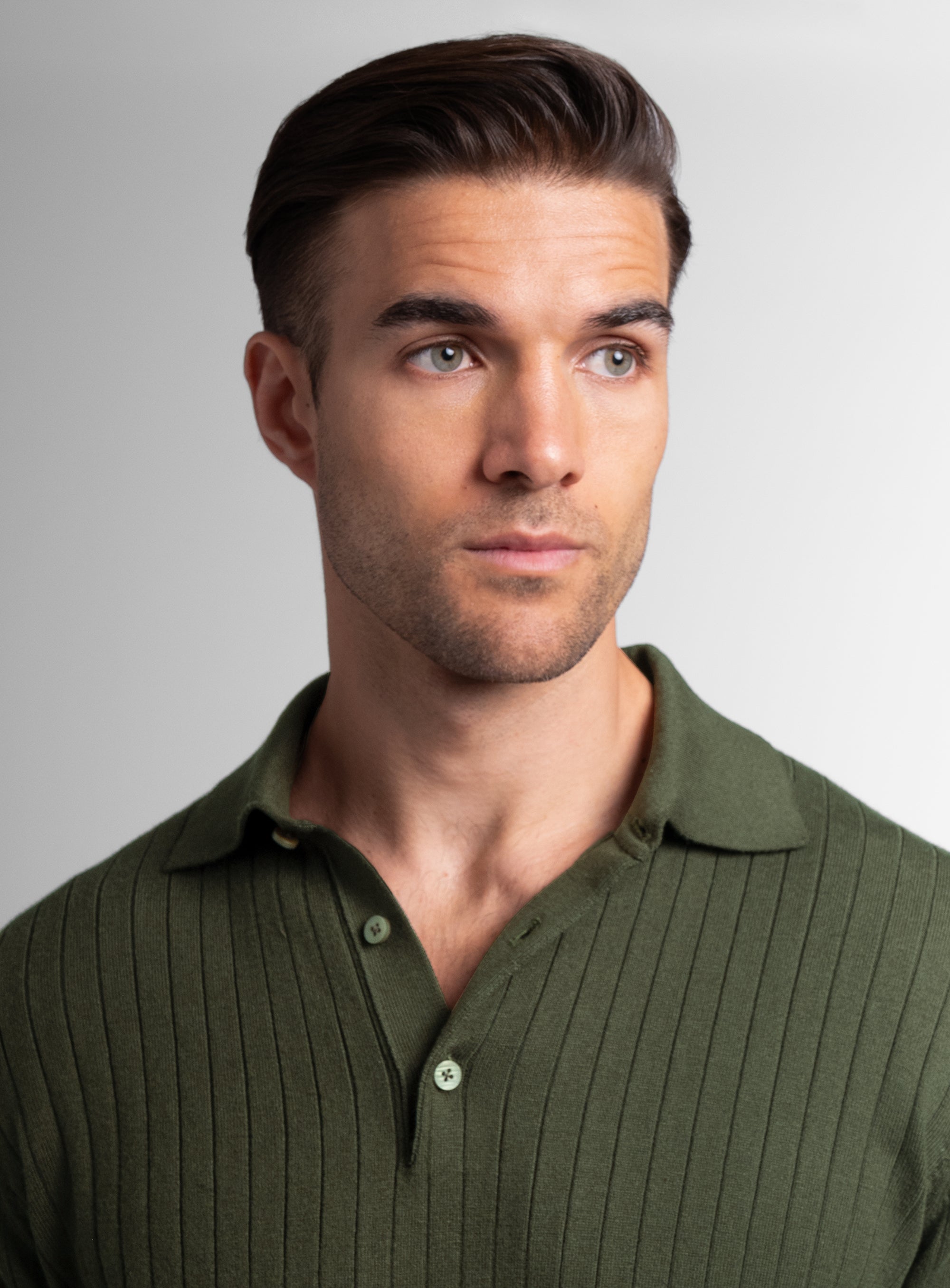 Cotton/Cashmere Fine Rib Olive Polo Knit