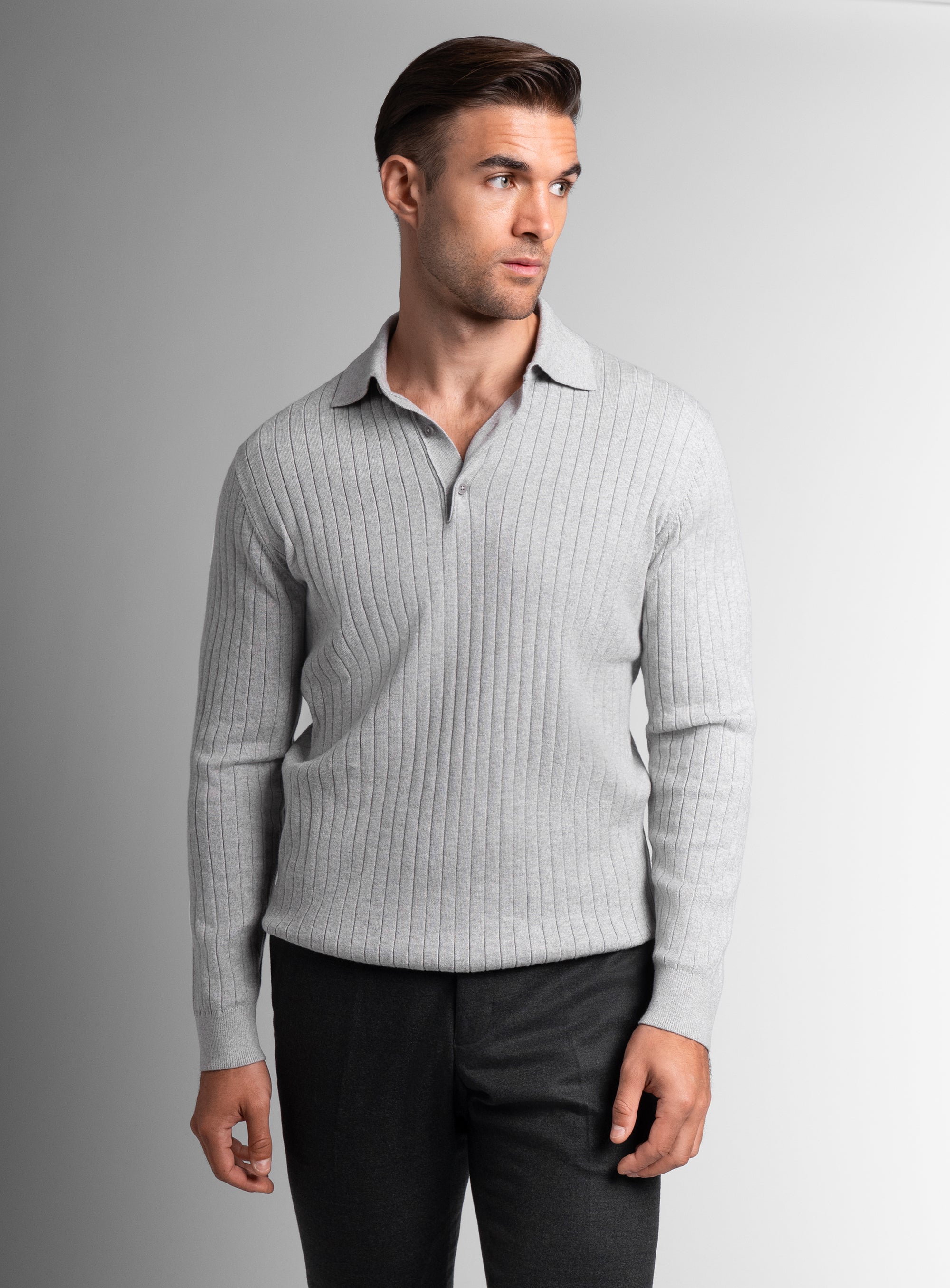 Cotton/Cashmere Fine Rib Ash Polo Knit
