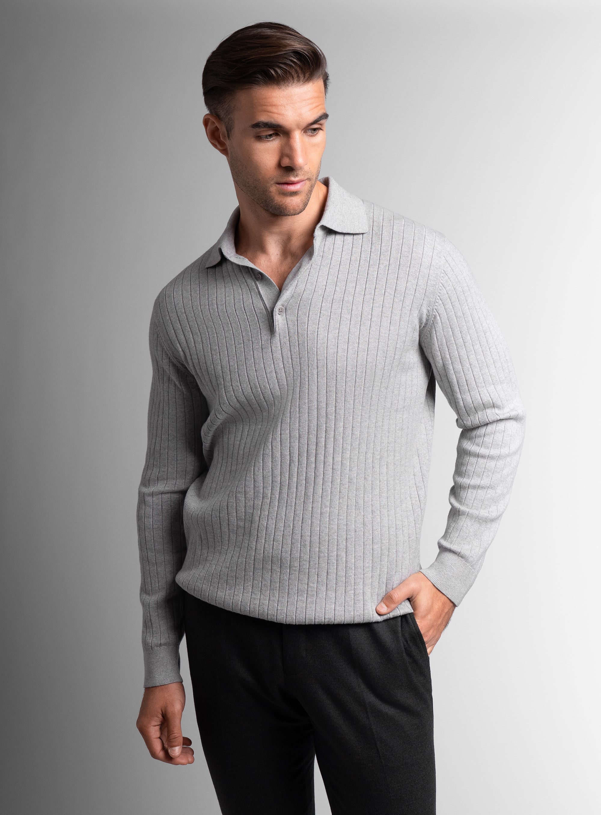 Cotton/Cashmere Fine Rib Ash Polo Knit