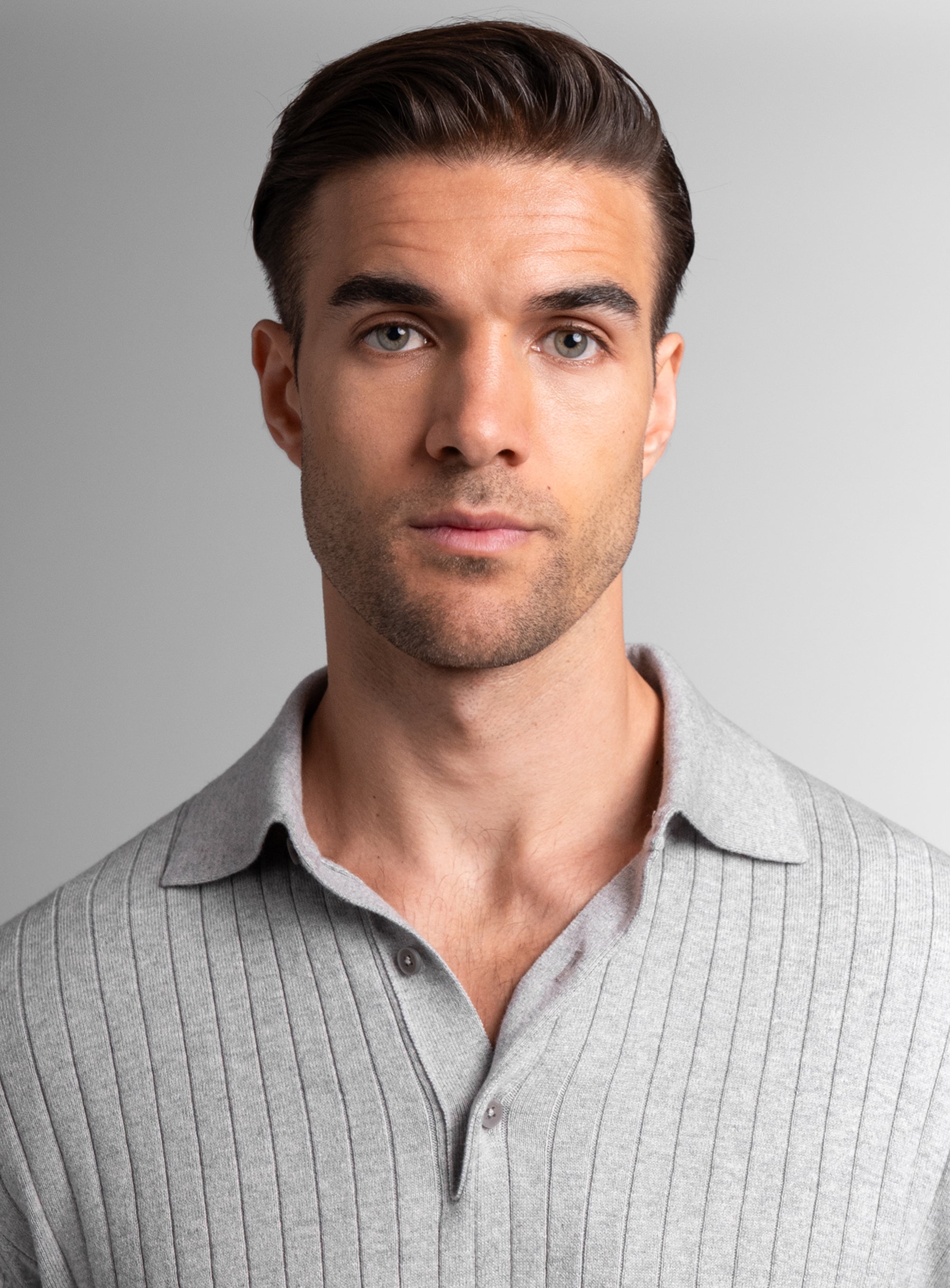 Cotton/Cashmere Fine Rib Ash Polo Knit