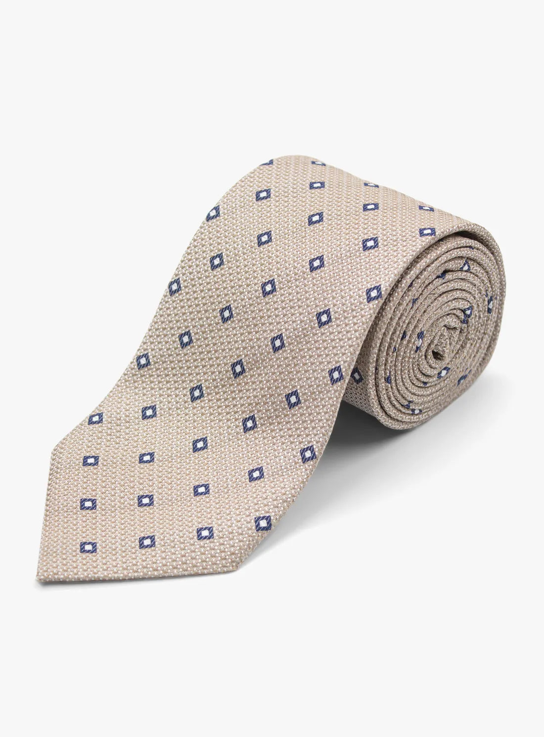 Beige tie with blue diamond pattern on a white background