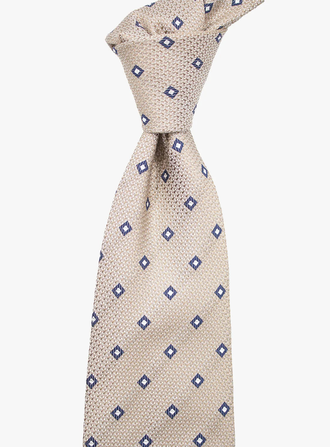 Beige tie with blue geometric pattern on a white background