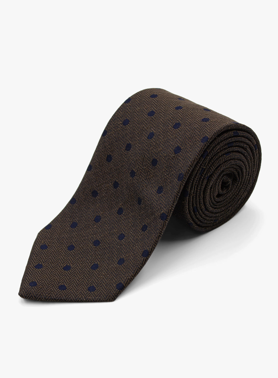 Brown tie with black polka dots on a white background