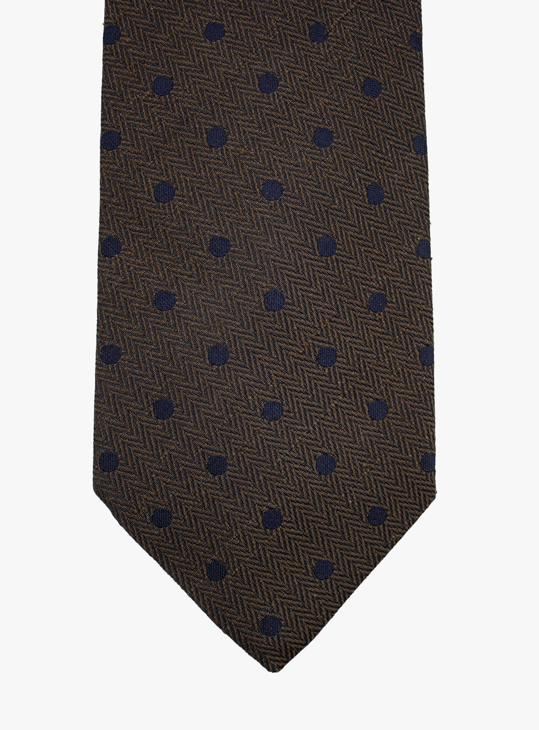 Brown tie with blue polka dot pattern on a white background