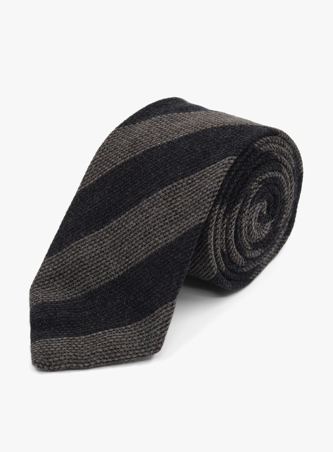 The Bottinelli Charcoal Taupe Stripe Wool Tie rolled up