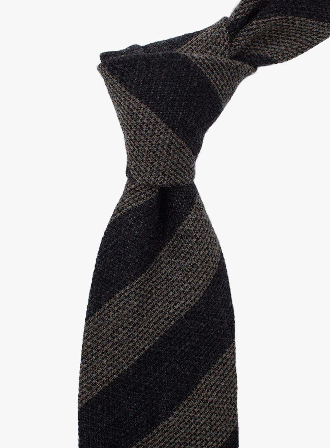 The Bottinelli Charcoal Taupe Stripe Wool Tie tied up
