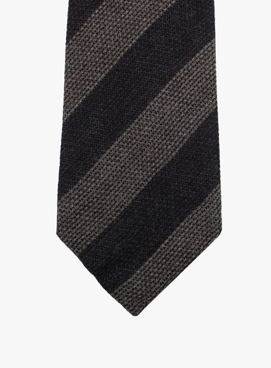 Front of the Bottinelli Charcoal Taupe Stripe Wool Tie