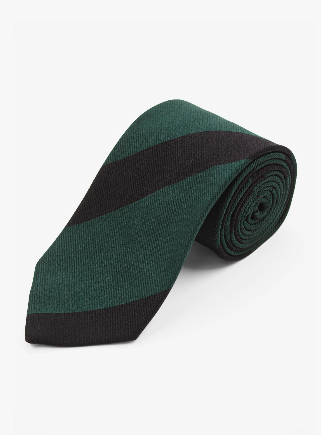 Green and black striped tie on a white background
