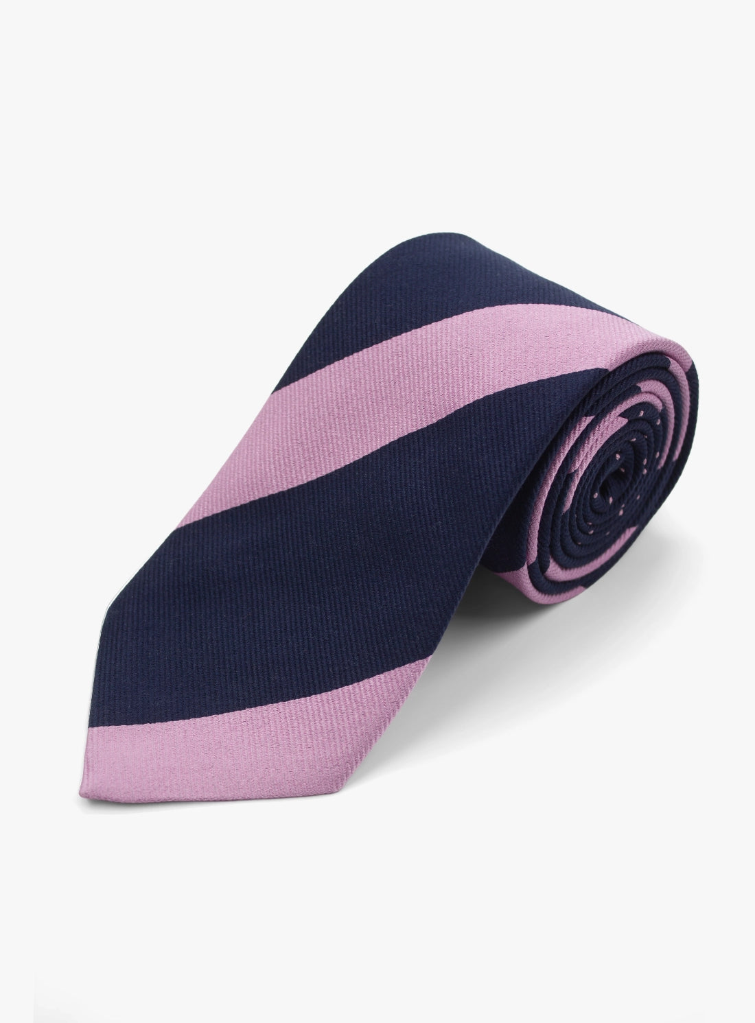 Navy and pink striped tie on a white background