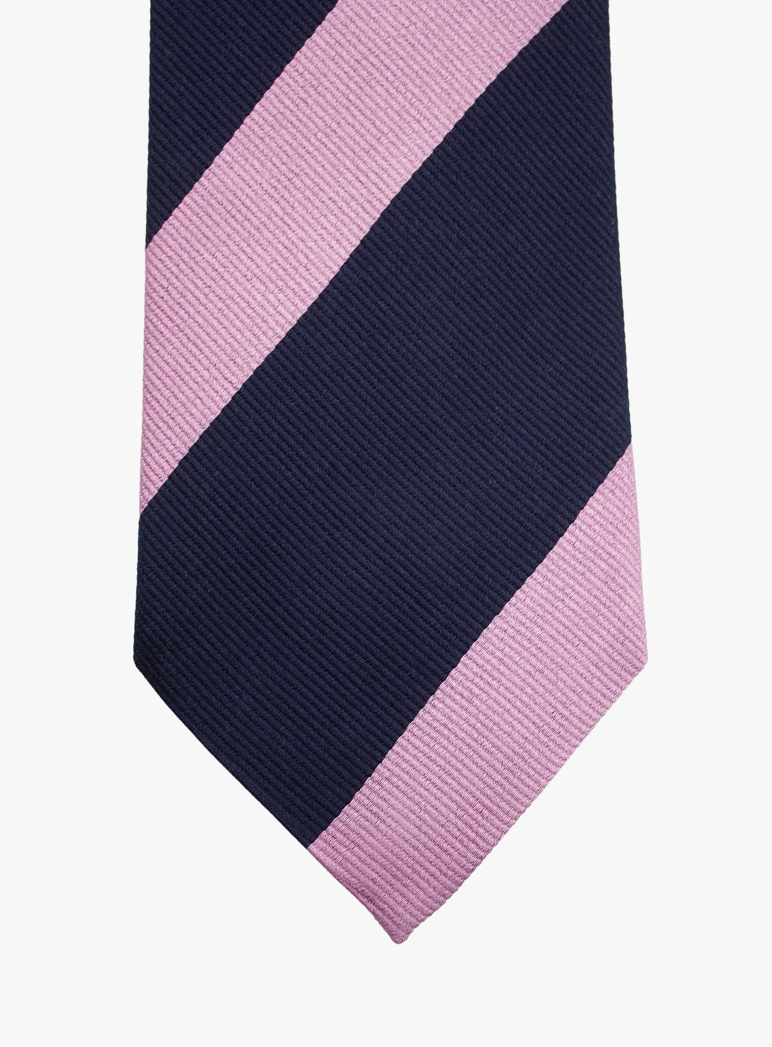 Navy and pink striped tie on a white background
