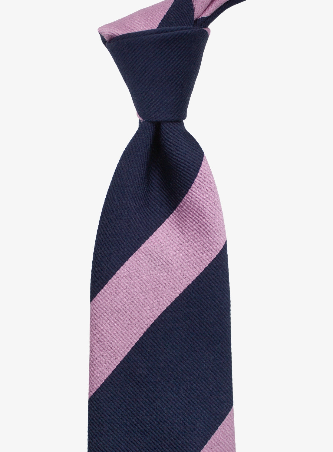 Navy and pink striped tie on a white background
