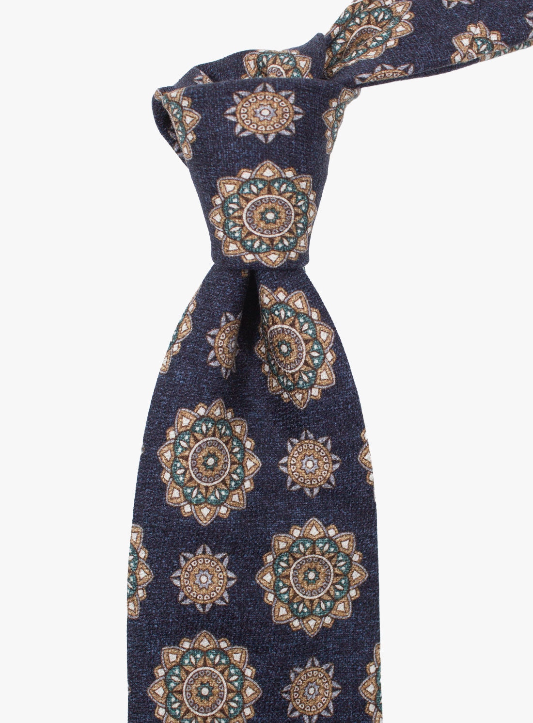 The Bottinelli Notte Medallion Navy Silk Tie tied up