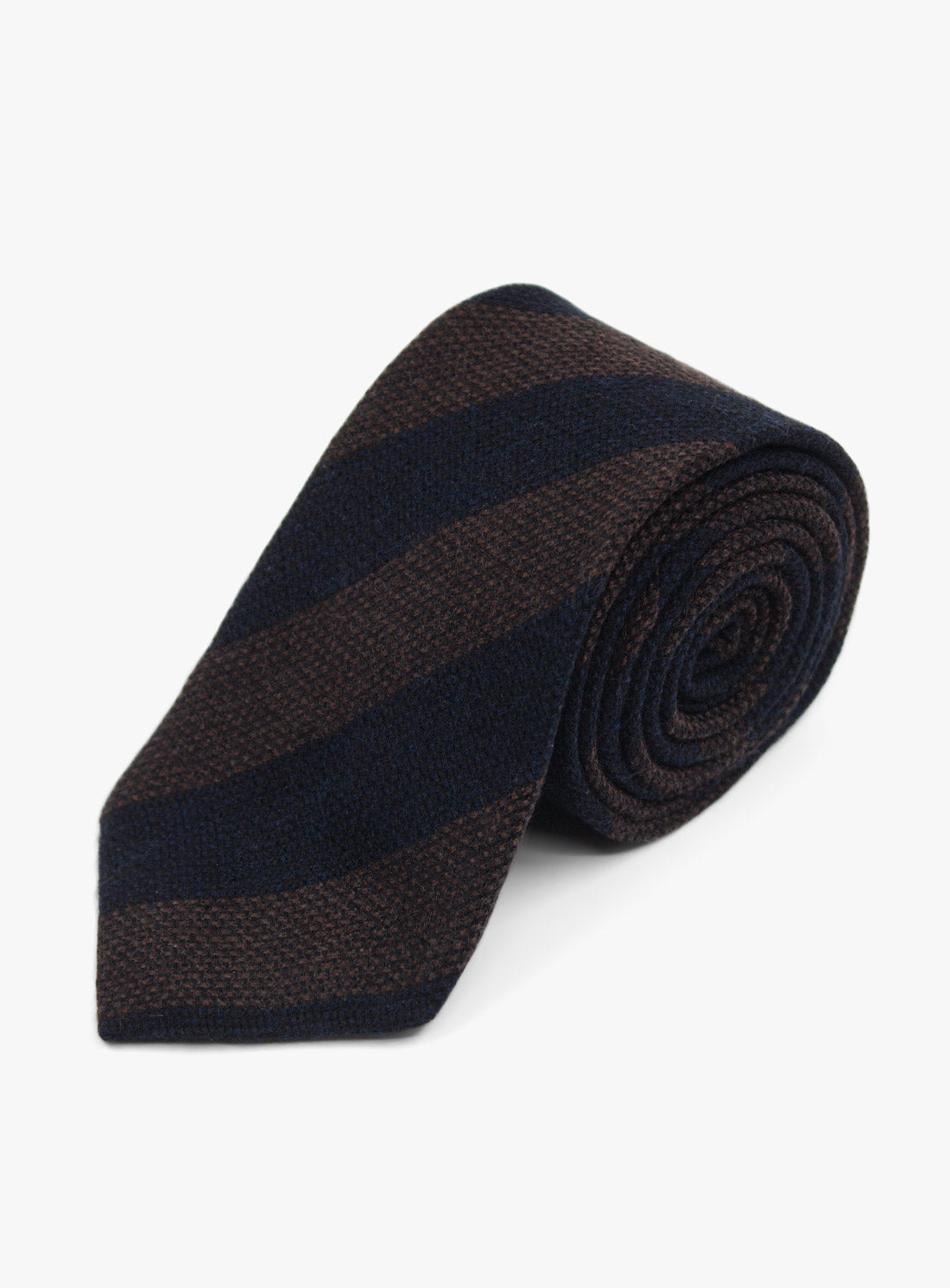 The Bottinelli Ravello Stripe Navy Wool Tie rolled up