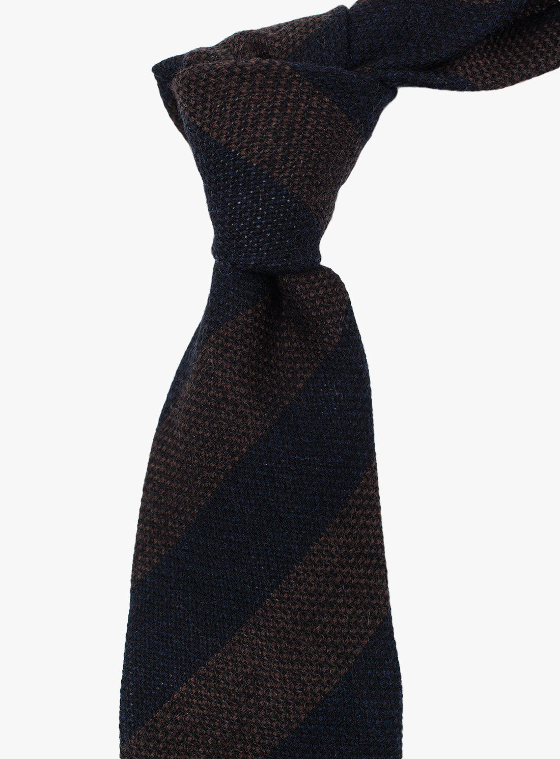 The Bottinelli Ravello Stripe Navy Wool Tie tied up