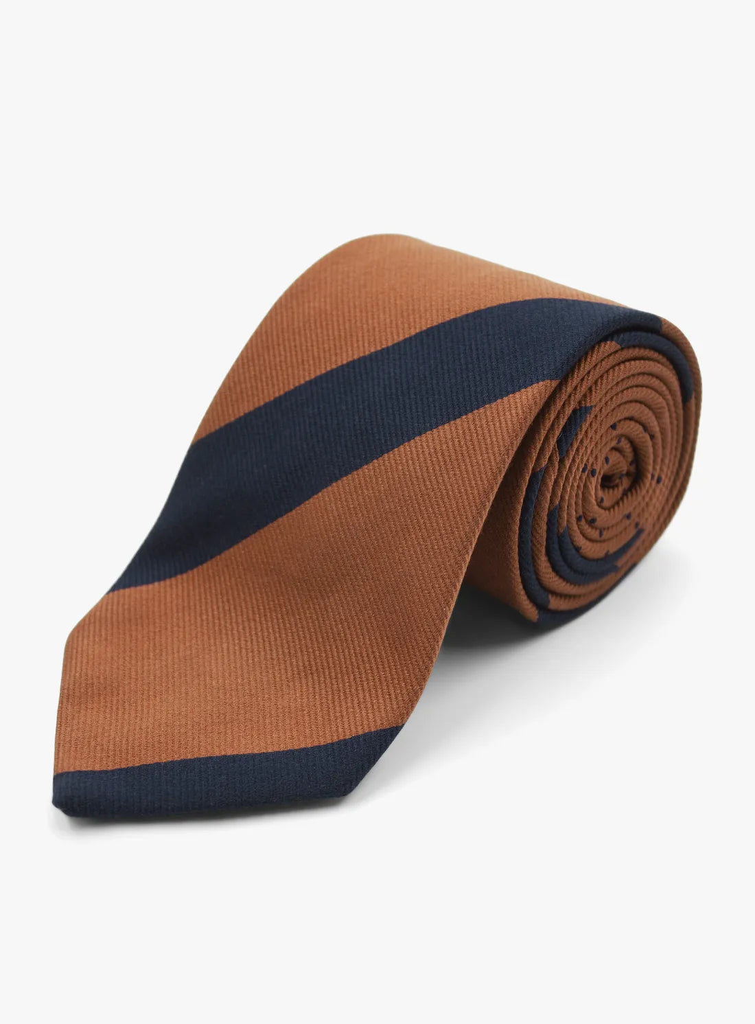 Brown tie with a navy stripe on a white background