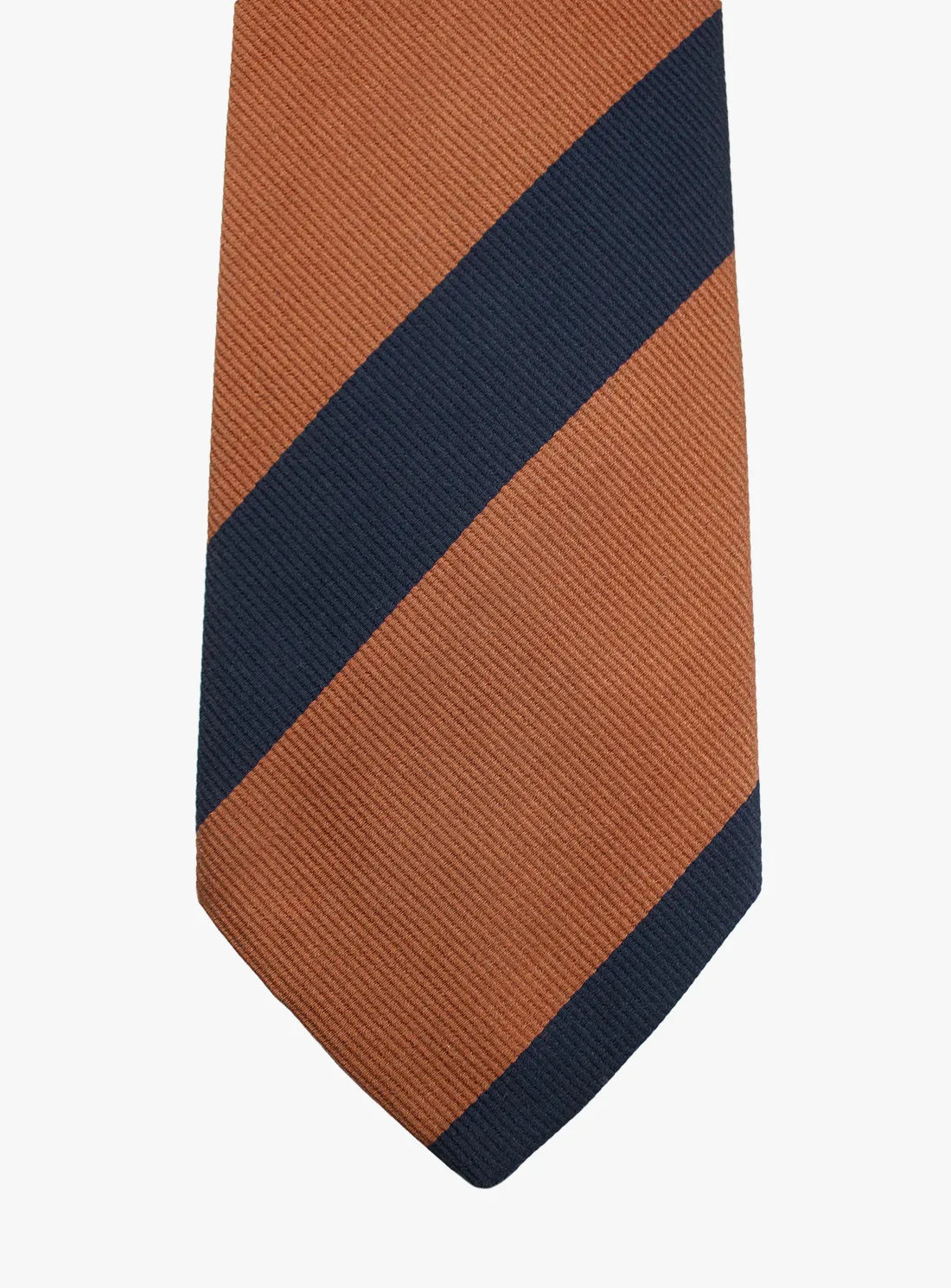 Navy and brown striped tie on a white background