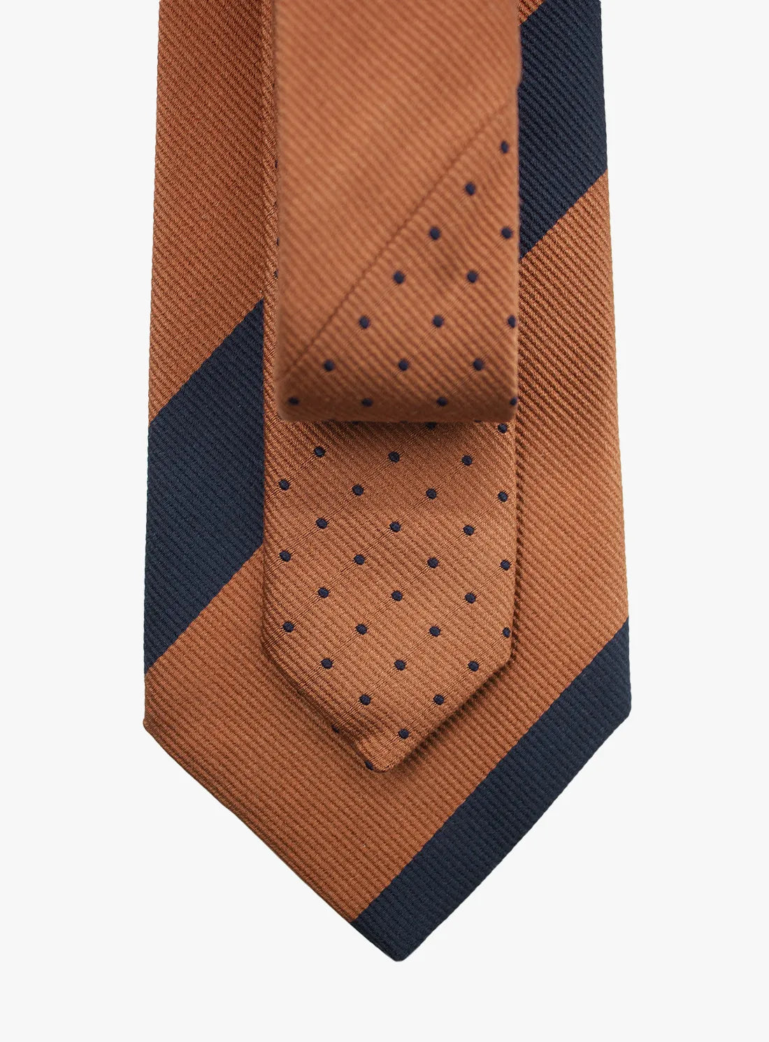 Brown tie with navy accents on a white background